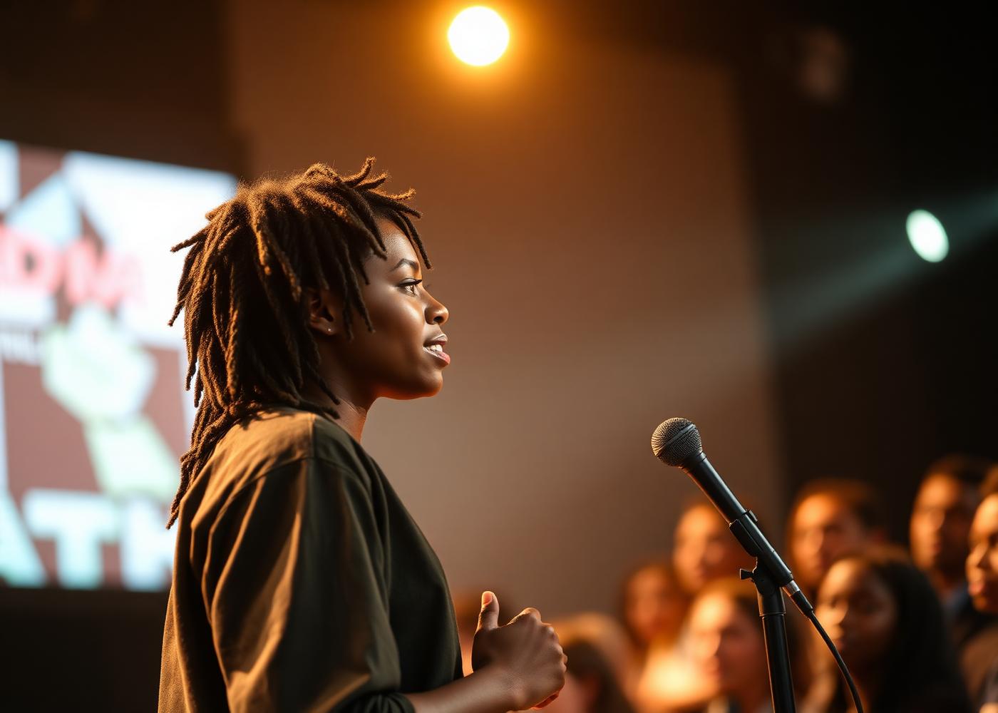 A student speaking on stage during an episode